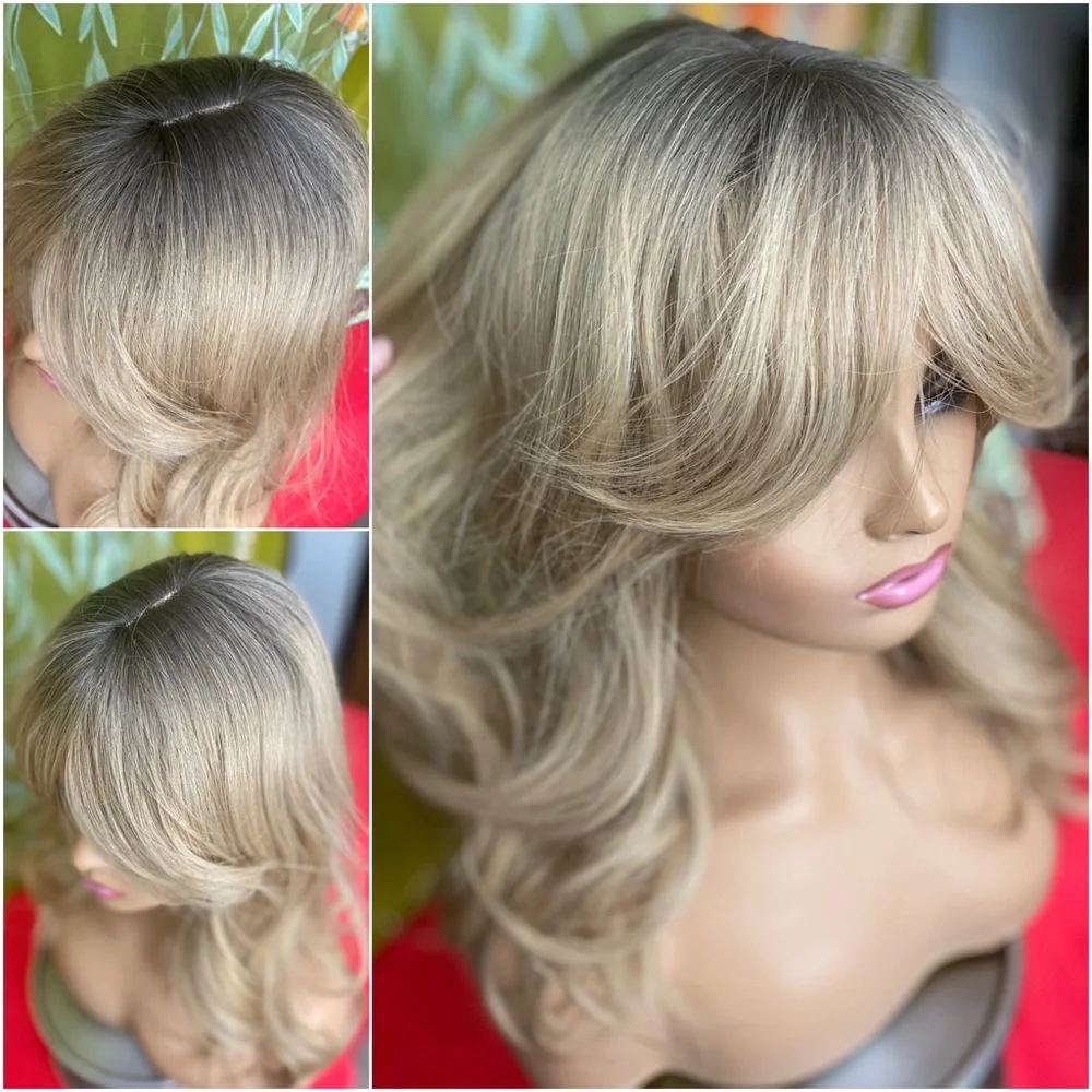 Golden dirty blonde layered wig with bangs and roots
